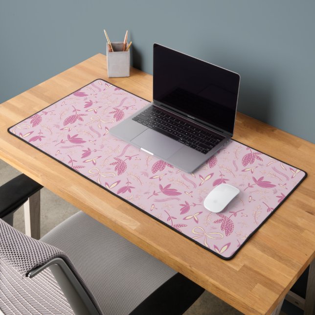 Delicate Pink Flowers and Bows Desk Mat (Office 2)