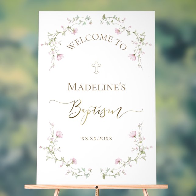 delicate pink flowers Baptism welcome Acrylic Sign (Neutral)