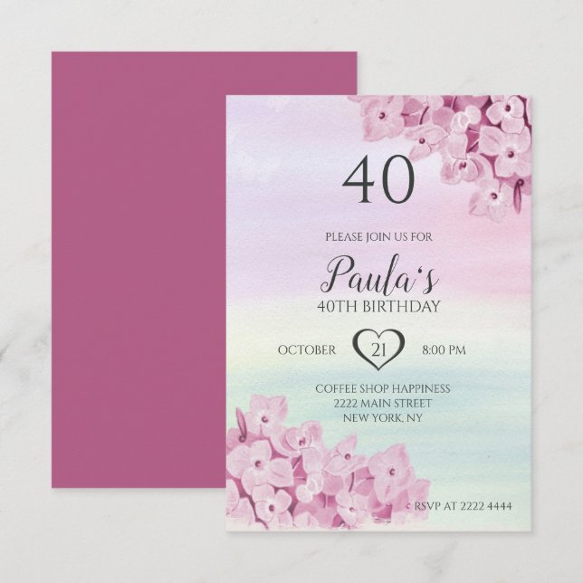 Delicate Pink Flowers Birthday Invitation (Front/Back)