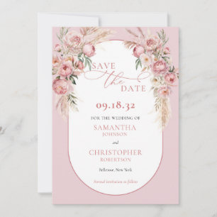 Delicate pink flowers boho arch pampas eucalyptus save the date