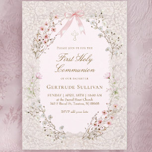 delicate pink flowers lace frame First Communion Invitation