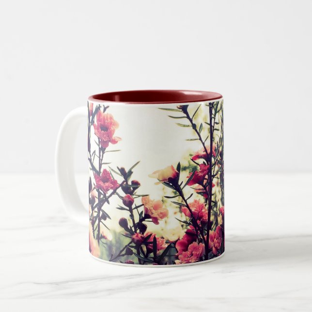 Delicate Pink Flowers Nature Two-Tone Coffee Mug (Front Left)