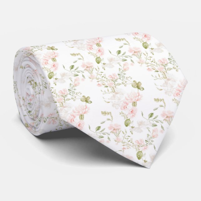 Delicate pink flowers pattern neck tie (Rolled)
