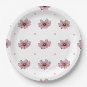 Delicate pink flowers polka dots paper plate