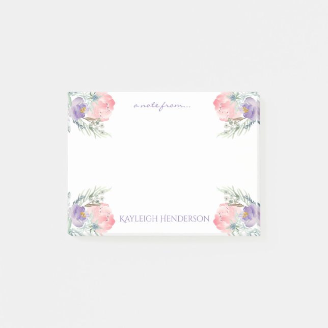 Delicate Pink Lavender Watercolor Flowers Monogram Post-it Notes (Front)