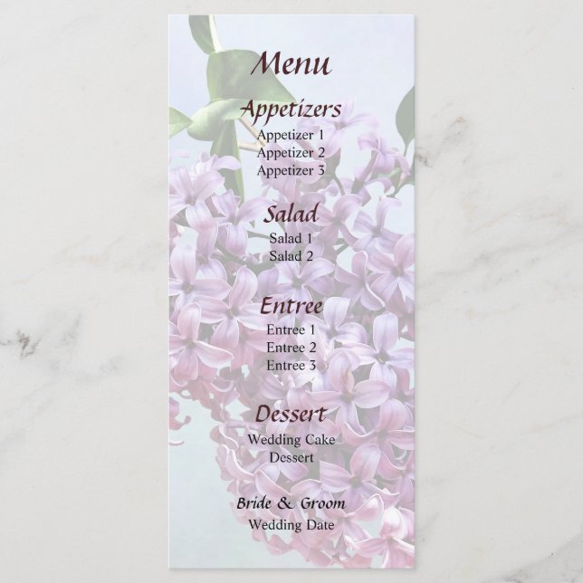 Delicate Pink Lilacs Wedding Menu (Front)