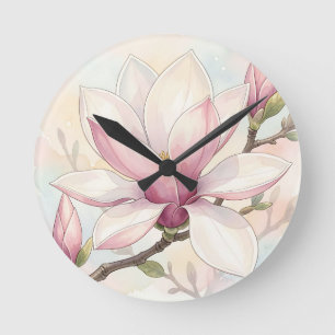 Delicate Pink Magnolia Watercolor Bloom Round Clock
