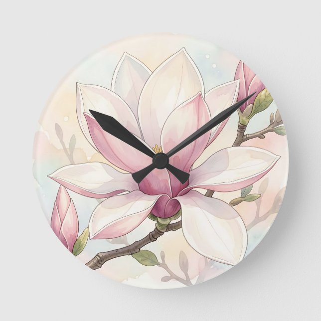 Delicate Pink Magnolia Watercolor Bloom Round Clock (Front)