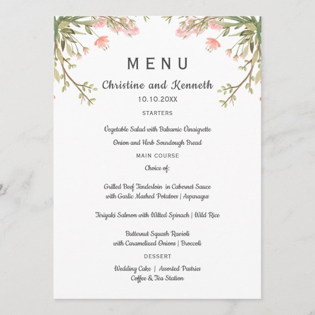 Delicate pink meadow flowers Wedding or Party Menu (Front)