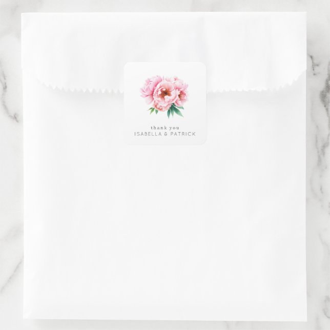 Delicate Pink Peony Thank You Card Square Sticker (Bag)