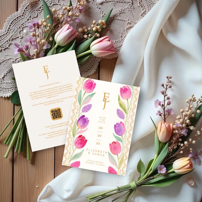 Delicate Pink & Purple Tulips Border Wedding Save The Date (Delicate Romantic Pink and Purple Tulips Border Wedding Save the Date Cards with Initials & QR Code.)