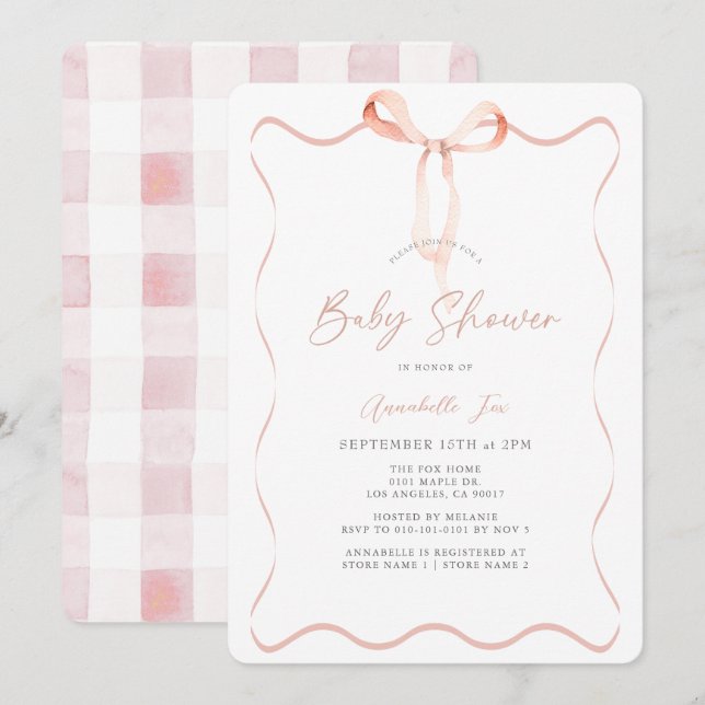 Delicate Pink Ribbon Bow Girl Baby Shower Invitation (Front/Back)