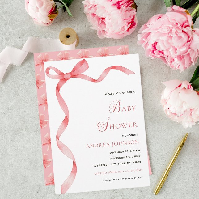 Delicate Pink Ribbon Bow Modern Girl Baby Shower Save The Date (Creator Uploaded)