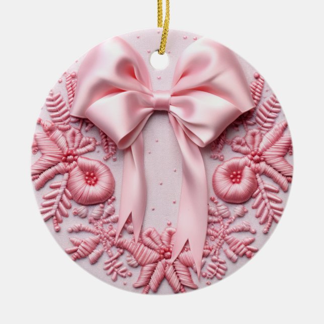 Delicate Pink Ribbon Embroidery Ceramic Tree Decoration (Front)