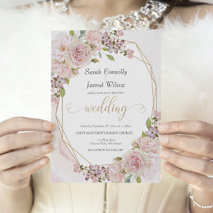 Delicate Pink Rose and Gold Wedding Invitation