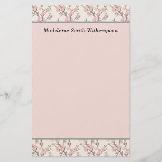 Delicate Pink Rose Buds Floral Monogram Name Stationery