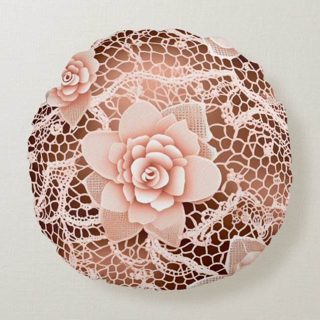 Delicate Pink Rose Lace Round Throw Pillow (Front)