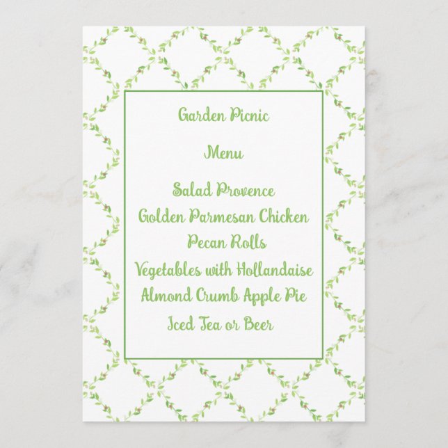 Delicate Pink Roses and Ivy Trellis Menu Card (Front)