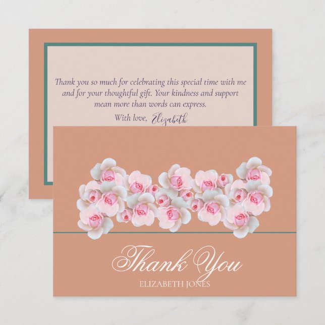Delicate Pink Roses Floral Bridal Shower Thank You Card (Front/Back)