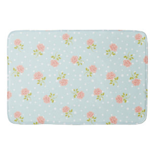 Delicate Pink Roses on Light Blue Dot Background Bath Mat
