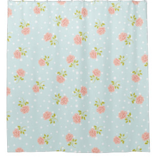 Delicate Pink Roses on Light Blue Dot Background Shower Curtain