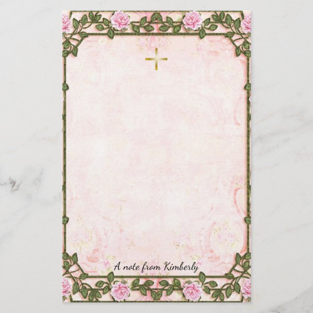 Delicate Pink Roses Vines Orthodox Christian Stationery (Front)