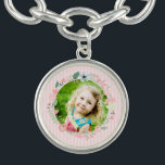 Delicate Pink Stripes Custom Photo Floral Frame Charm Bracelet<br><div class="desc">Delicate and sweet floral wreath design.</div>