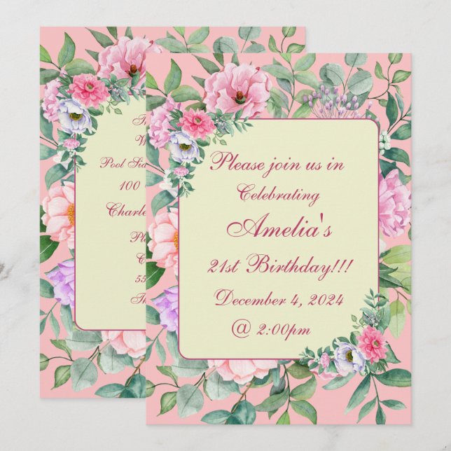 Delicate Pink Summer Garden Party Floral Birthday Invitation (Front/Back)