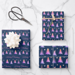 Delicate pink trees Merry Christmas blue Wrapping Paper Sheet