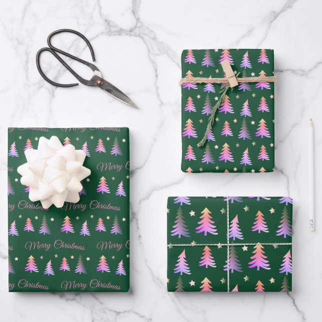 Delicate pink trees Merry Christmas green Wrapping Paper Sheet (Front)