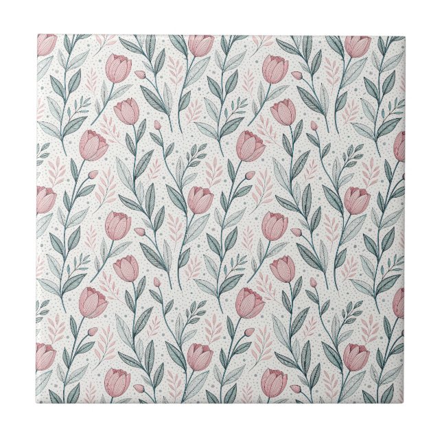 Delicate Pink Tulip & Line Drawing Floral Pattern Tile (Front)