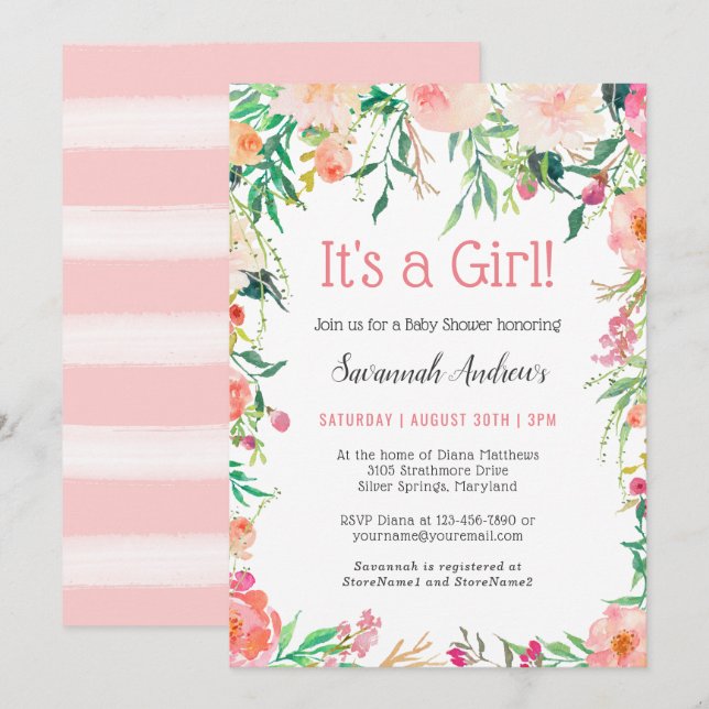 Delicate Pink Watercolor Floral Baby Shower Invitation (Front/Back)