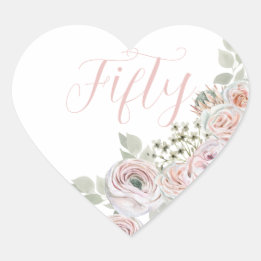 Delicate pink watercolor flowers «Fifty» Birthday Heart Sticker
