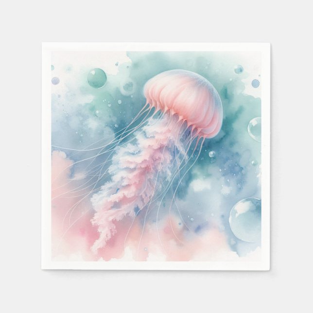Delicate Pink Watercolor Jellyfish Decoupage Napkin (Front)