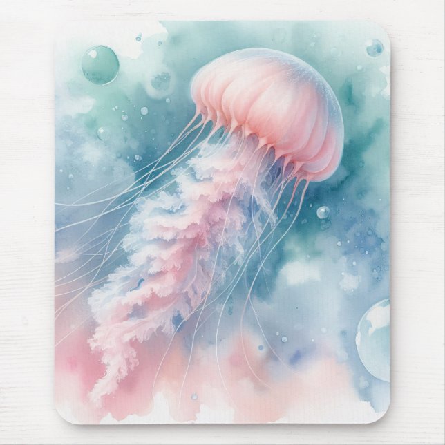 Delicate Pink Watercolor Jellyfish Mouse Mat (Front)