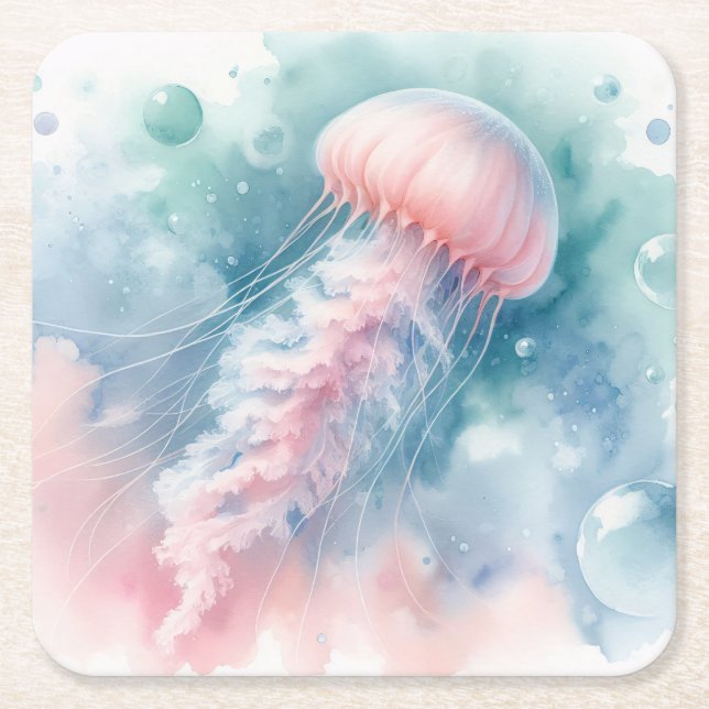 Delicate Pink Watercolor Jellyfish Square Paper Coaster (Front)