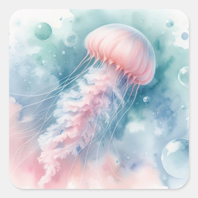 Delicate Pink Watercolor Jellyfish Square Sticker (Front)