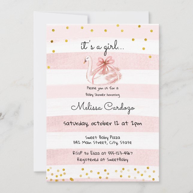 Delicate Pink Watercolor Swan Baby Shower Invitation (Front)