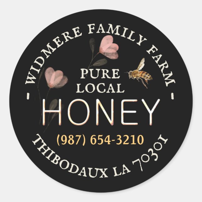 Delicate Pink Wildflower Honey Sold Here on Black  Classic Round Sticker (Front)