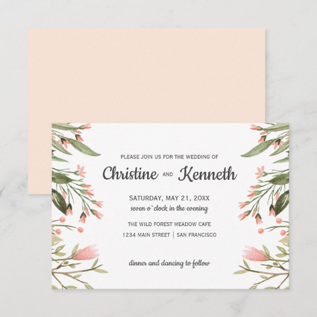 Delicate Pink wildflowers border Botanical wedding Invitation (Front/Back)