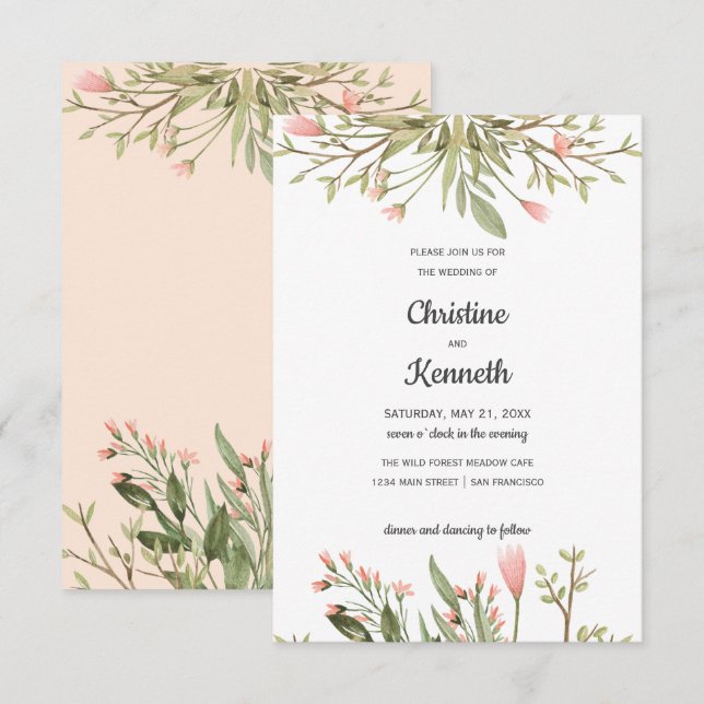 Delicate Pink wildflowers chic Botanical wedding Invitation (Front/Back)