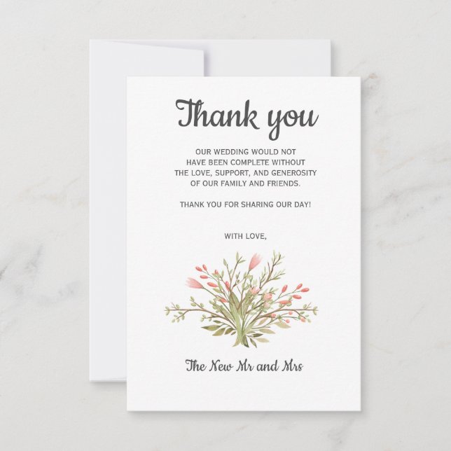 Delicate Pink wildflowers Photo  Wedding Thank you Card (Front)