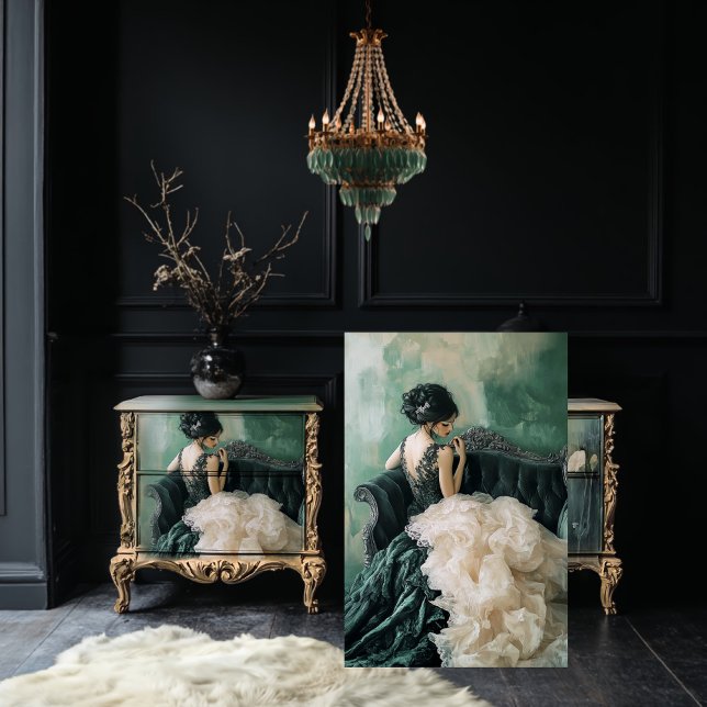 Delicate Plumes Elegant Woman Sitting, French Chic Tissue Paper (Woman sitting, Delicate Plumes Portrait Beauty, Emerald Green & Beige Decoupage Tissue Paper.)