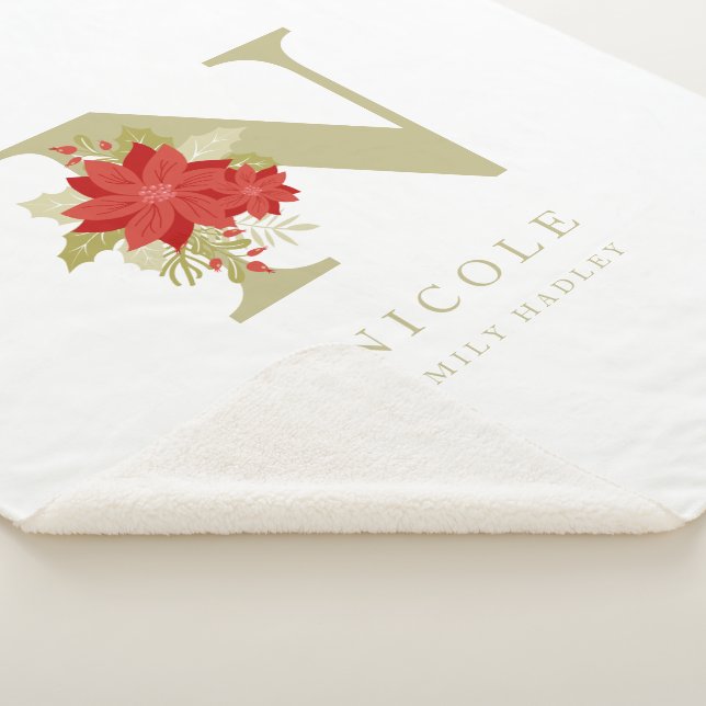 Delicate Poinsettias N Initial Christmas Girl Gift Sherpa Blanket (3/4)