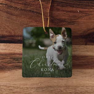 Delicate Puppy's First Christmas Dog Overlay Photo Ceramic Ornament