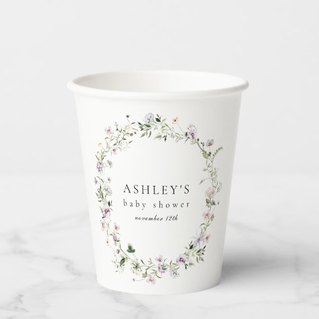 Delicate Purple Floral Baby Shower Paper Cups (Front)