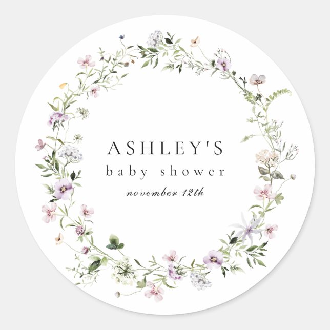 Delicate Purple Floral Baby Shower Sticker (Front)