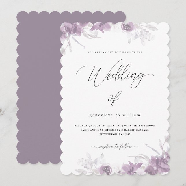 Delicate Purple Floral with Calligraphy Wedding Invitation (Front/Back)