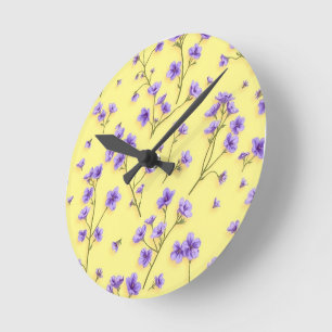 Delicate Purple Flowers on Yellow Background Round Clock