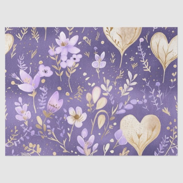 Delicate Purple Gold Floral Hearts Decoupage  Tissue Paper (Front)